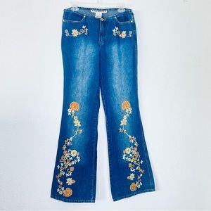 Joe Boxer Vintage Y2K Low Rise Boho Floral Beaded Flare Denim Jeans Size 9